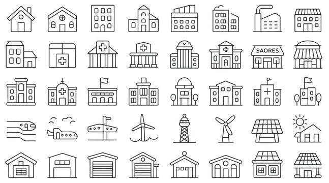 Collection of linear building icons for urban planning, real estate and city infrastructure