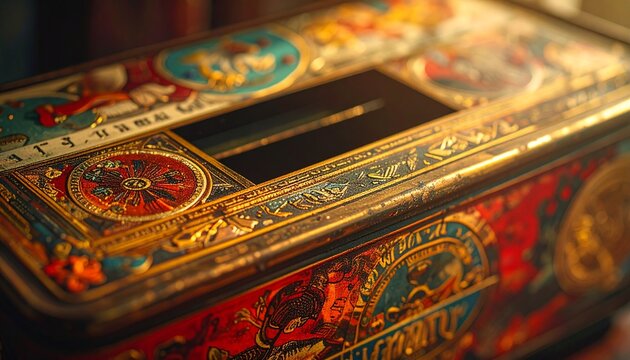 Close-up of vintage decorative tin money box with slot opening