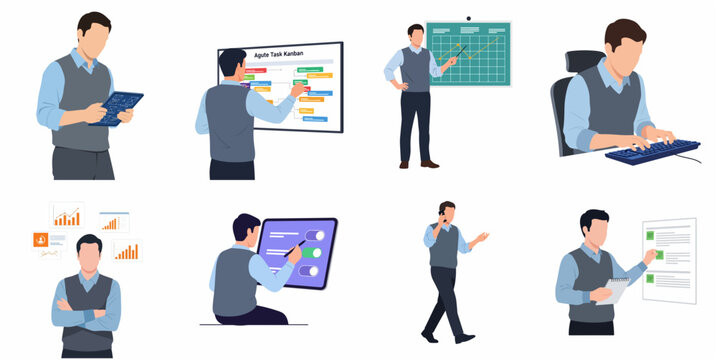 Business professional character set featuring various office activities, data analysis, project management, and technology usage in flat illustration style