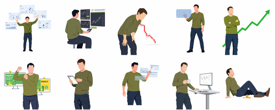 Set of male trader character illustrations analyzing stock charts and managing crypto investments