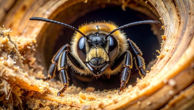 Close-up of large carpenter bee entering wooden bore hole with sawdust