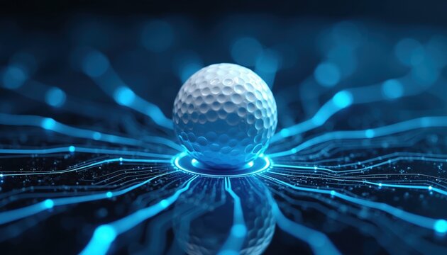 Golf ball on glowing digital network. Futuristic tech connections radiate from sphere. Abstract concept for sports business and data science.