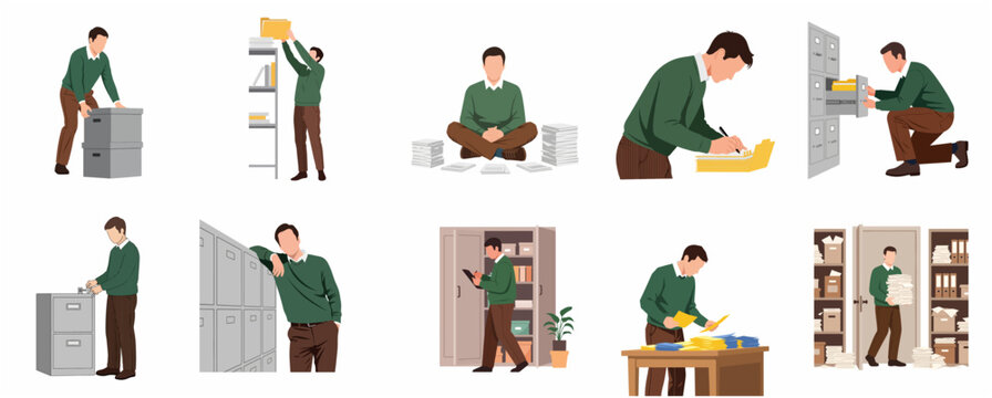 Set of illustrations of a male office worker managing archives, filing documents, and organizing paperwork in the workplace.