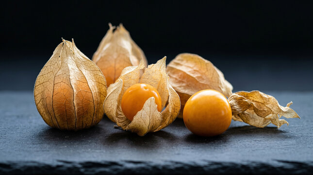 Physalis fruits with papery husks on a dark surface
