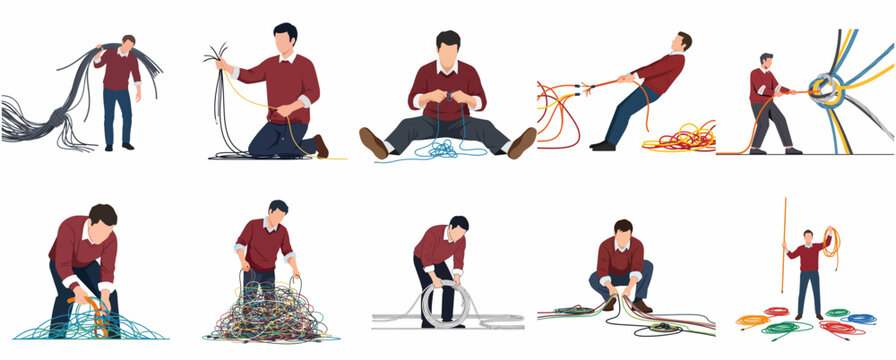Set of illustrations of a technician managing tangled cables, messy wires, and electrical infrastructure maintenance