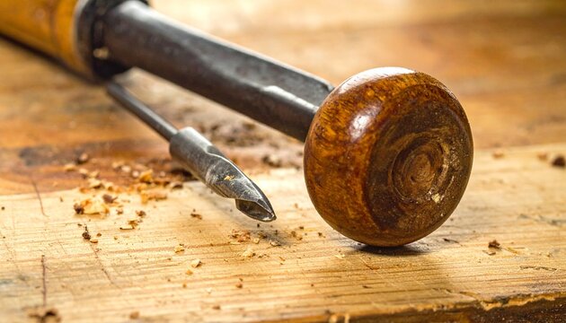 Close-up of hand brace and wooden egg-shaped chuck drilling into wood
