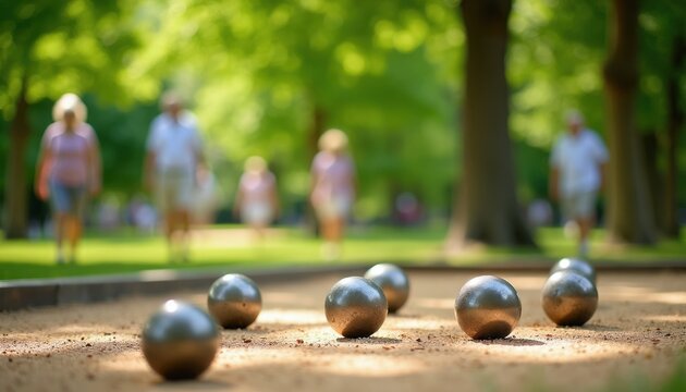 Elderly people play petanque game on sand court in green park. Friends enjoy outdoor leisure activity, active retirement lifestyle, fun competition. Seniors socialize, relax on sunny day.