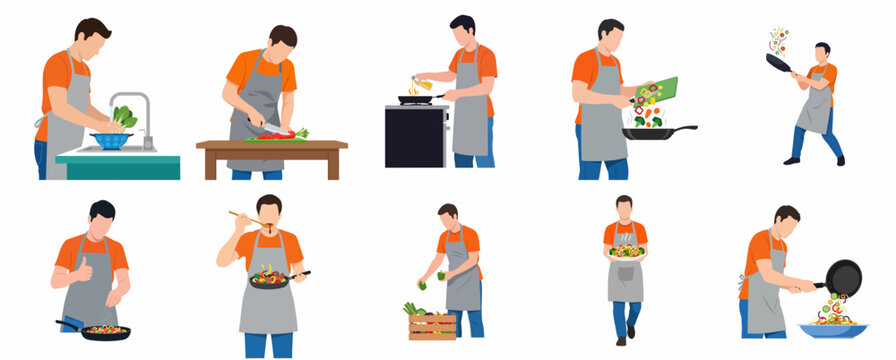 Set of flat vector illustrations of a male chef preparing healthy food, showing cooking steps from washing and chopping to frying and serving