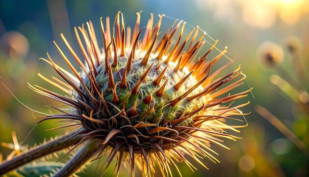 Close-up of burdock burr with hooked bracts in golden sunlight