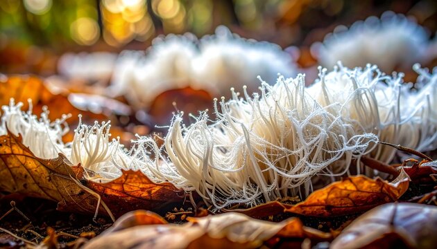 Macro close-up of white fungal mycelium growing on decomposing forest leaf litter