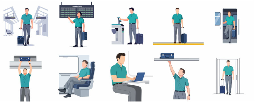 Set of flat illustrations depicting a man's travel journey from arrival at the station to working on a train.