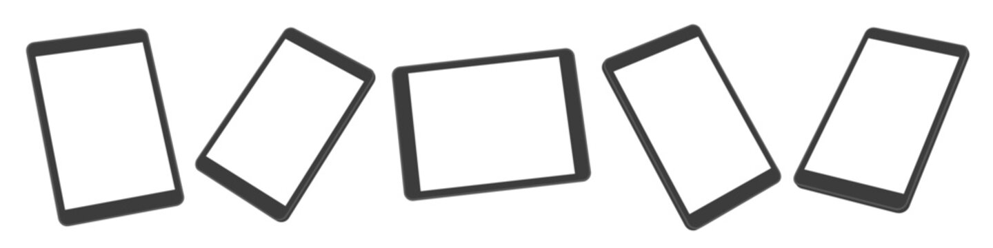 Set of digital tablet computer mockups in various perspective positions on transparent background