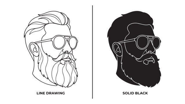 Old man with glasses and long beard side profile portrait in line and solid black styles