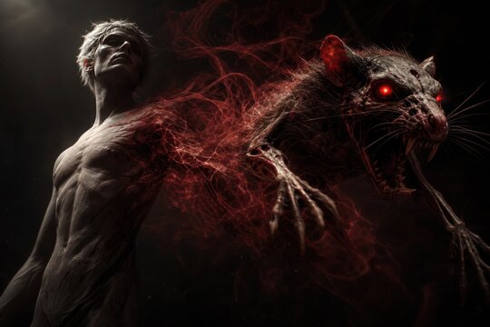 Horror concept of a giant demonic rat emerging from a man, dark surreal fantasy creature, red glowing eyes and visceral textures Hantavirus 