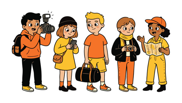 vector silhouette of Group of five young people with cameras and backpacks ready for travel or photography trip