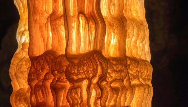 Translucent wavy calcite formation with orange-brown glow backlit in cave