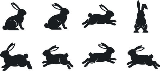 Fototapeta premium Collection of Rabbit silhouettes collection diverse poses for graphic design and illustration transparent background