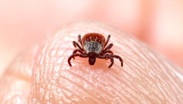 Close-up of tick embedded in human skin macro detail