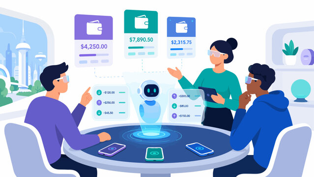 Team using ai robot for data analysis in a blue futuristic digital workspace vector illustration.