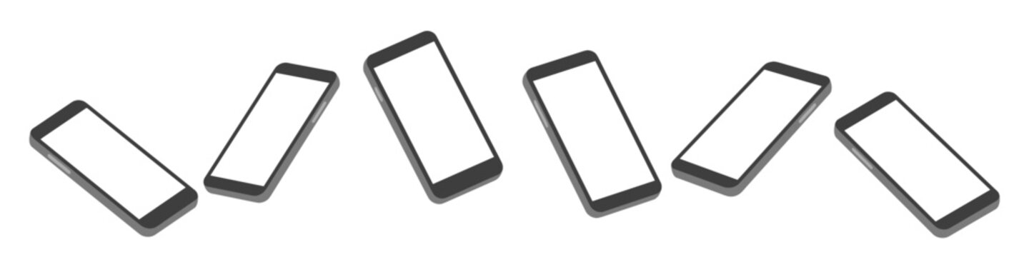 Realistic smartphone mockup collection in various perspective angles with blank screen on transparent background