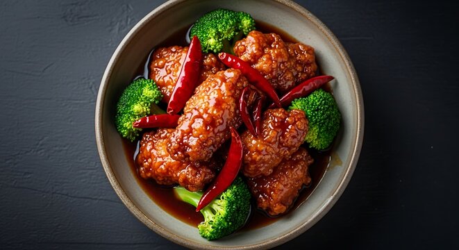 Stir fried beef with broccoli and red chili peppers in a dark bowl on a black stone table top view. general tso