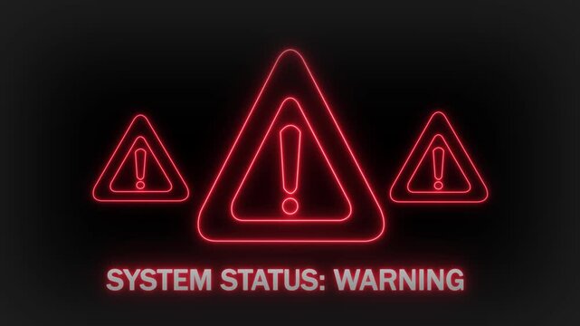 Three glowing red neon warning triangle symbols with exclamation marks inside displayed against a dark background with the text SYSTEMSTATUSWARNING below them