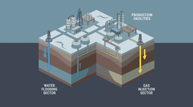 Oil and Gas Extraction Process with Water Flooding and Gas Injection.