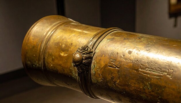 Close-up of antique bronze cannon with touch hole and cascabel knob detail