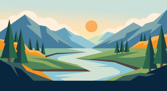 Flat design mountain valley landscape with winding river pine trees and sunrise illustration