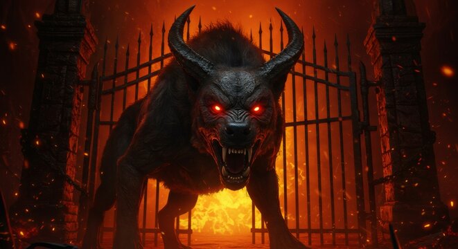 Fierce horned demon dog guarding a dark gate against a background of fiery hell. Concept of evil, danger, fantasy creature, folklore, and horror.