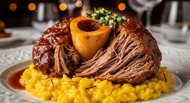 Delicious osso buco veal shank served with creamy saffron risotto on a plate in a restaurant setting. veal osso bucco
