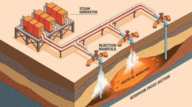 Steam Injection Enhanced Oil Recovery Process Illustration.