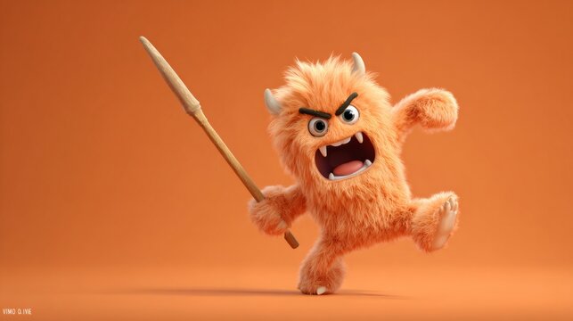 Fluffy orange monster with an angry expression holding a wooden club in a dynamic pose. Cartoon character for fun or scary concept.