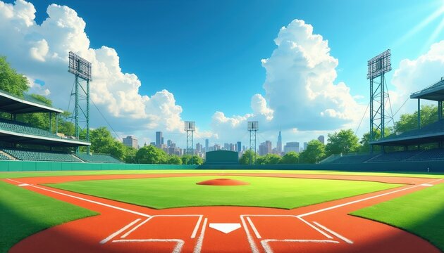 Empty baseball stadium infield green grass diamond pitcher mound stadium lights city skyline background bright sunny day blue sky white clouds.