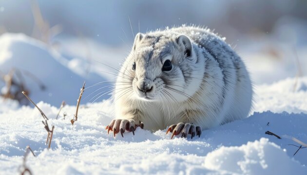 Close-up of Arctic collared lemming in winter white fur on snow