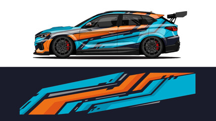 Fototapeta premium Vibrant custom race car with bold orange and cyan graphics on dark background.