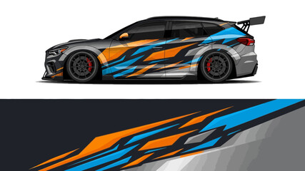 Obraz premium Side view of a colorful race car with blue and orange lightning stripes in motion.