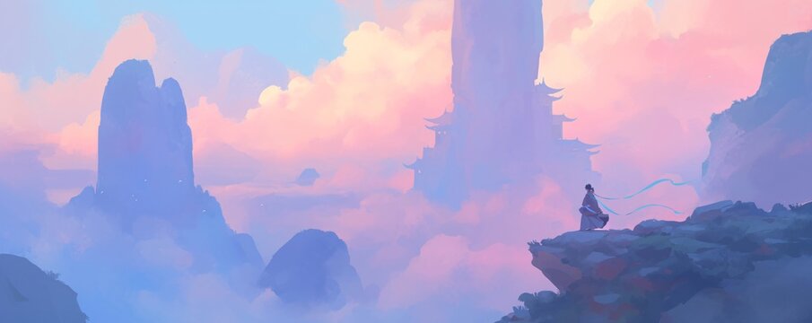 Man in traditional Asian clothing standing on a cliff edge observing a fantasy sky with floating islands and an ancient temple for game background.