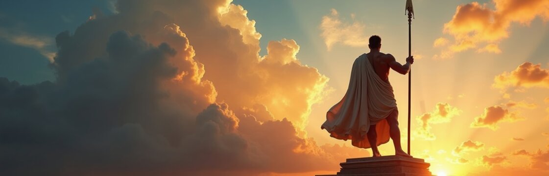 Muscular man in ancient Greek robe holds spear atop pedestal. Dramatic sunset sky with clouds. Warrior pose suggests strength, history, and myth.