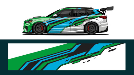 Dynamic green and blue race car with bold livery and striking graphic design on a track. © AhzaArdiansyah
