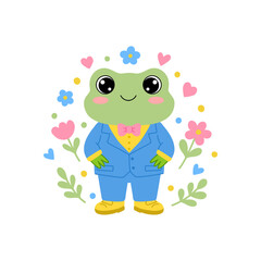 Obraz premium Male frog character wearing a blue suit and pink bow tie.