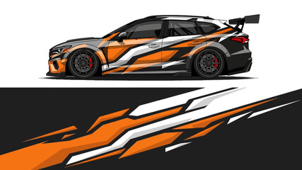 High-speed orange and black race car with bold graphics, aerodynamic design, and striking livery showcased on a white background. © AhzaArdiansyah