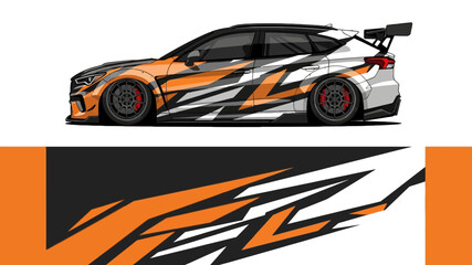 Naklejka premium High velocity orange and black race car with bold graphic livery and dynamic design.