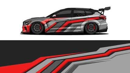 Naklejka premium Sleek race car with bold red and gray graphic livery and sleek aerodynamic profile.