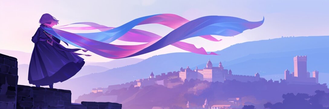 Warrior woman overlooking castle fortress on mountain. Epic asian fantasy setting with flowing fabric. Digital art for game background.