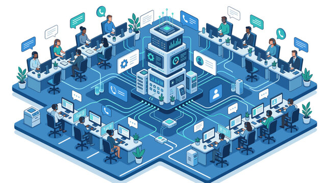 Isometric call center office with diverse team working on computers connected to central server hub for customer service support and digital communication network
