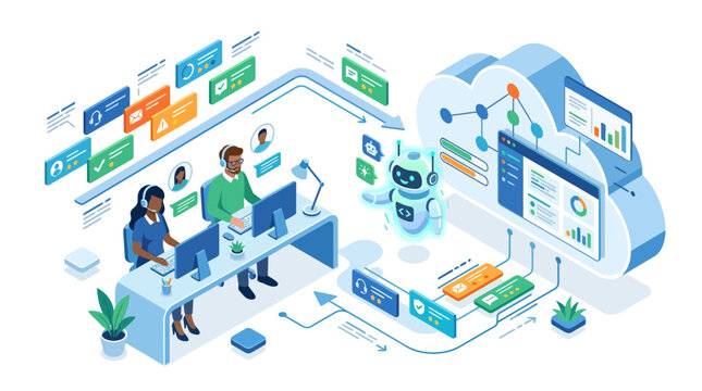 Isometric illustration of customer service team working with AI chatbot and cloud computing data analytics