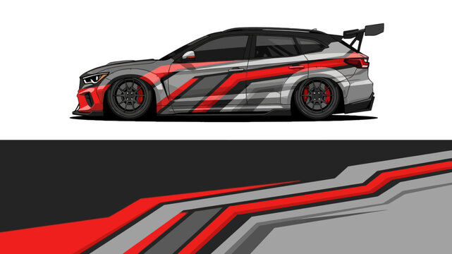 Sleek race car with bold red and gray graphic livery and sleek aerodynamic profile.