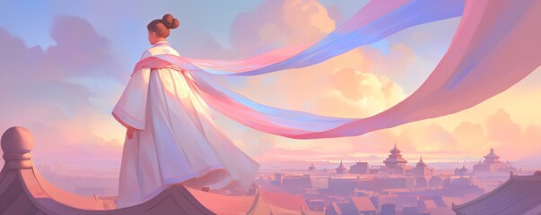 Naklejka premium Woman in chinese traditional costume looking at ancient eastern city at sunset. Fantasy landscape for a mobile or pc game, action RPG.