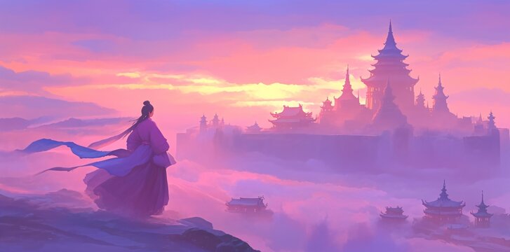 Woman in traditional asian dress looking at a fantasy kingdom beyond the clouds during sunrise. Epic asian background for game.